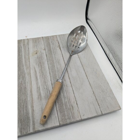 Vintage Chromium Plated Slotted Serving Spoon 12" Wood Handle - Picture 1 of 7